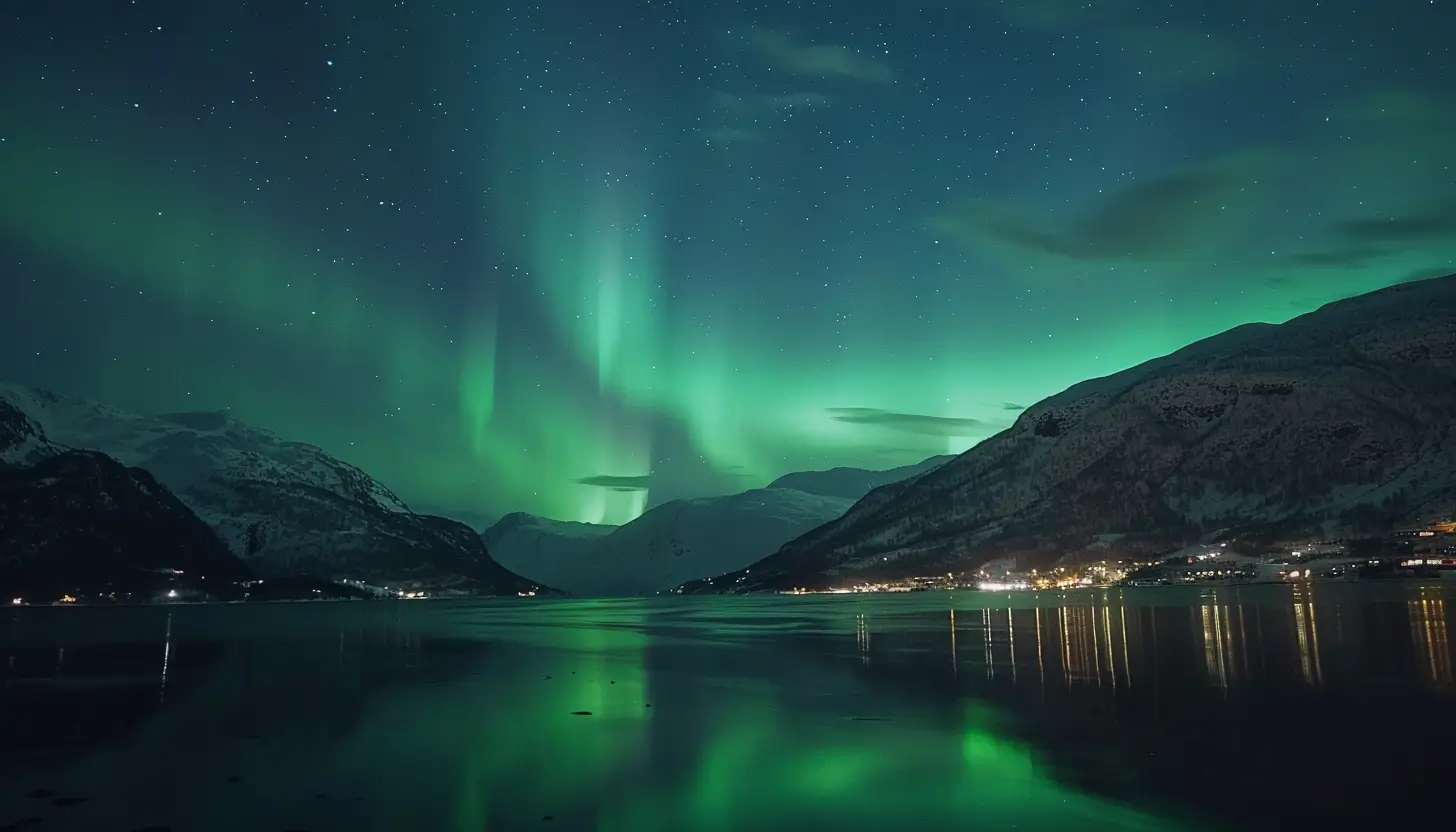 A serene night scene featuring the Northern Lights (Aurora Borealis) glowing in vibrant green hues over a tranquil fjord, surrounded by snow-capped mountains and a star-studded sky. The lights' reflection shimmers on the still water, with a small village in the background.