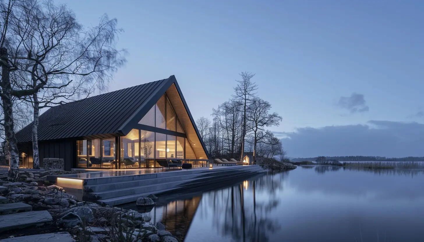 A modern A-frame cabin with large glass windows is situated by a tranquil lake during twilight. Surrounded by bare trees, the cabin's warm interior lights reflect on the calm water, creating a peaceful and serene atmosphere.