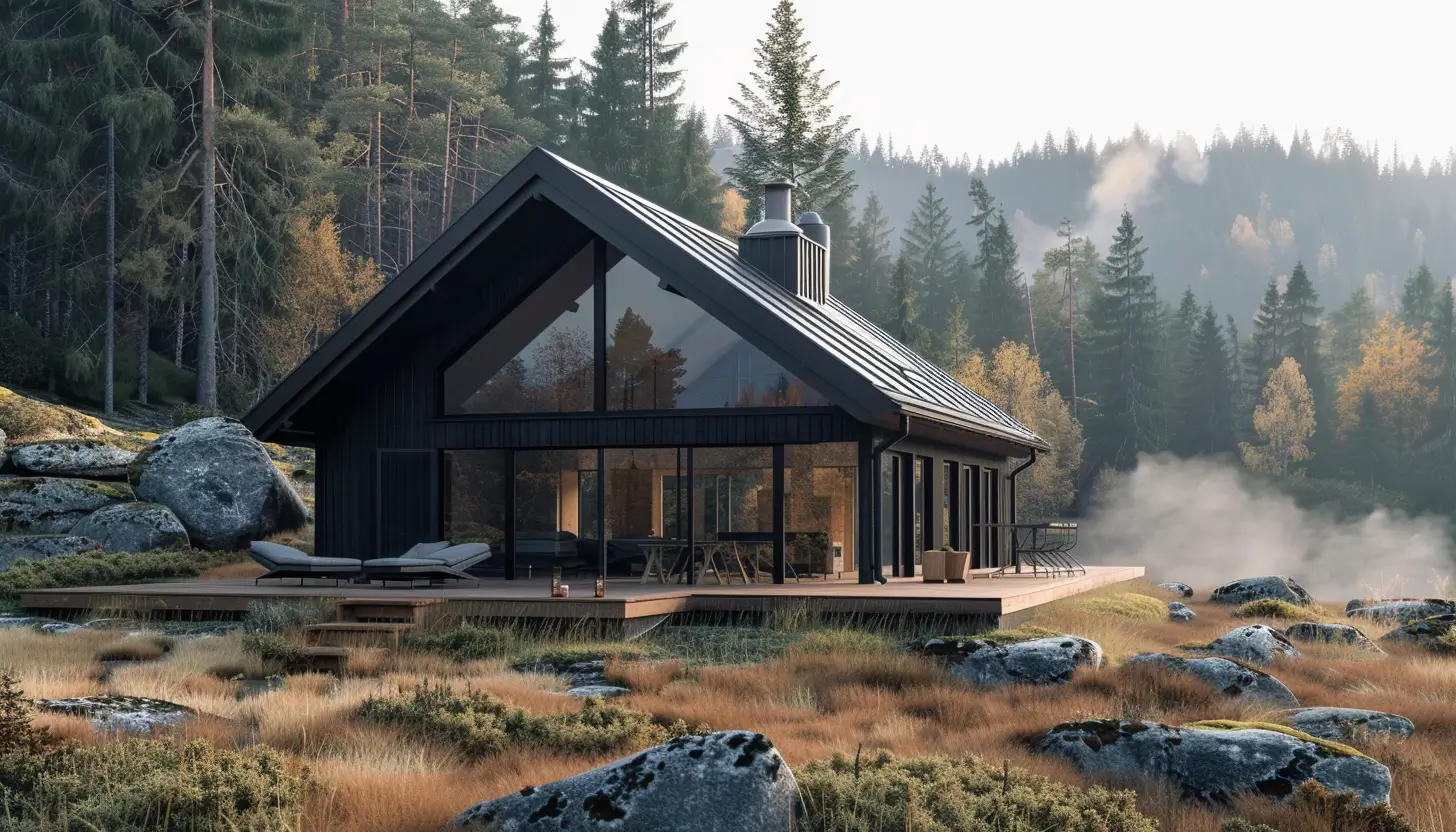 A modern cabin with large windows and a sleek, dark exterior sits amid a tranquil forest. The setting features rugged boulders, tall pine trees, and mist rising in the background, creating a peaceful atmosphere.