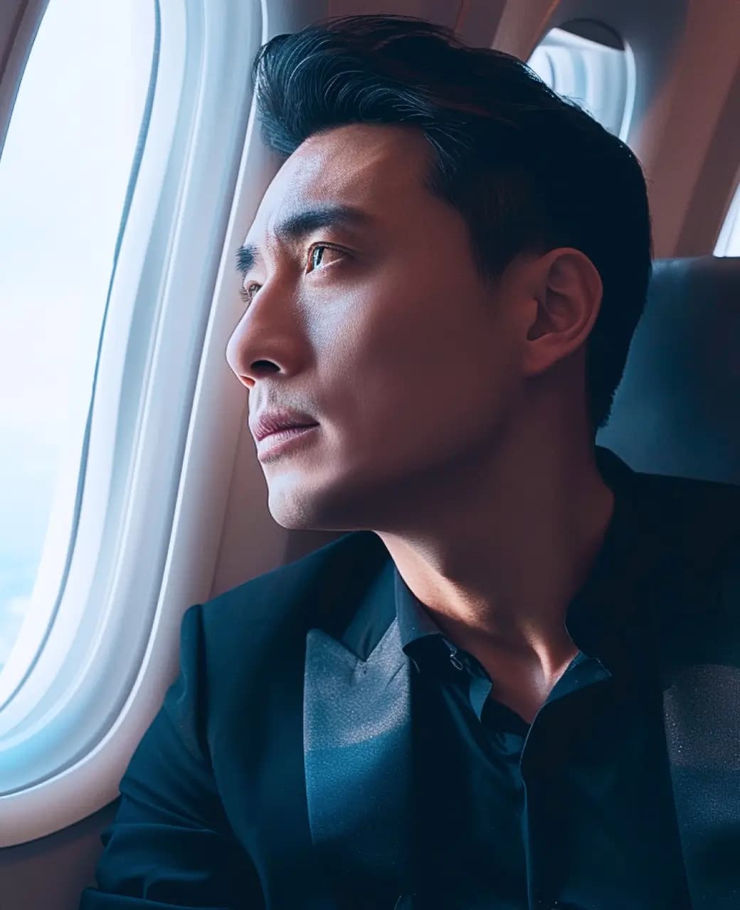 A man in a black jacket gazes thoughtfully out an airplane window. The soft lighting highlights his contemplative expression. The interior of the airplane and the sky outside the window are visible.