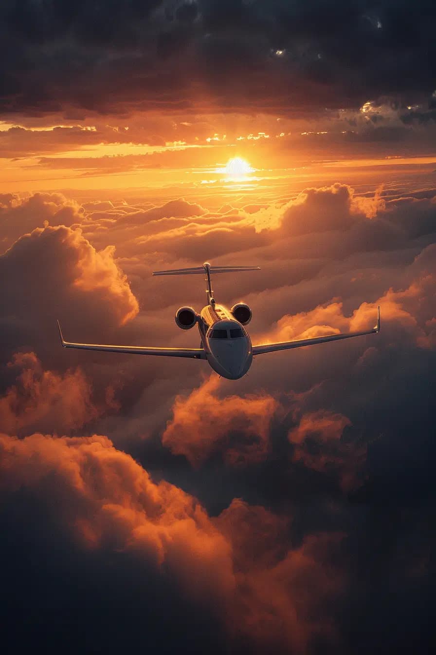 A jet airplane flying through a sky filled with dramatic, golden clouds as the sun sets in the background, casting a warm, orange glow across the scene.