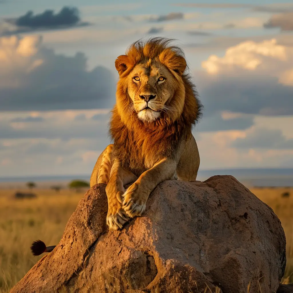 A majestic lion with a full mane lounges on a large rock in the African savanna under a partly cloudy sky. The lion appears regal and alert, with its front paws elegantly crossed and eyes focused. The landscape behind it is open grassland.